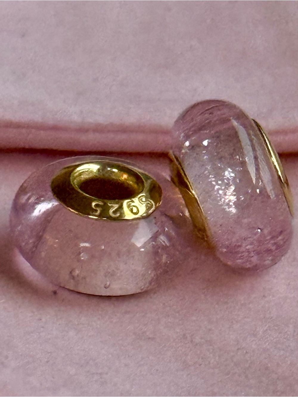 Pink Murano charms set with gold core fit Pandora bracelets